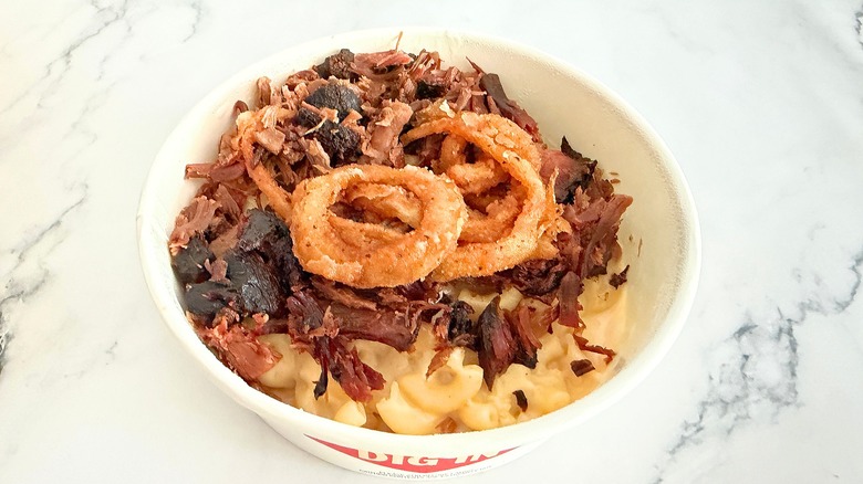 Close-up of Arby's Mac Bowl on marble surface