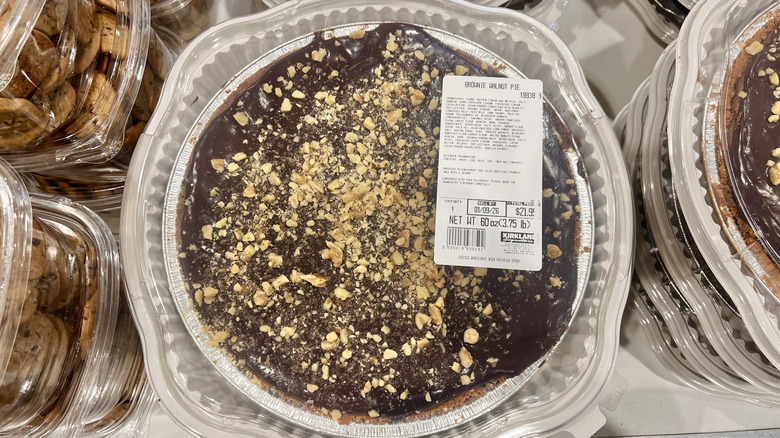 Top view of costco's brownie walnut pie