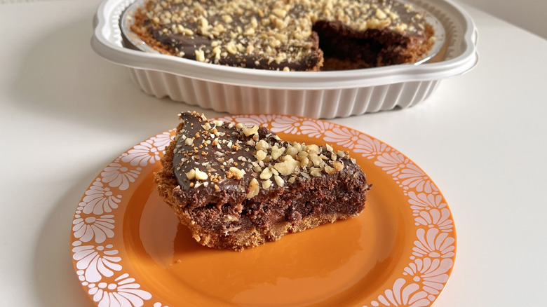 Slice of brownie walnut pie from costco