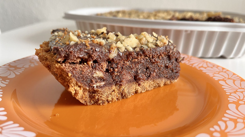 Close up of the brownie walnut pie