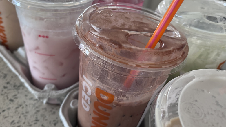 Close up of Dunkin holiday drinks