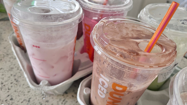 Close up of Various Dunkin Valentine's Day drinks from Dunkin'