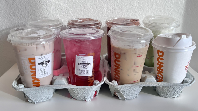 Side view of Dunkin Valentine's Day drinks