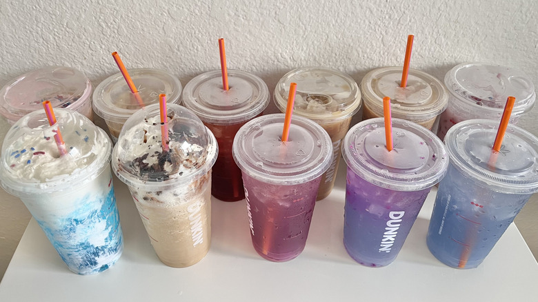 Side view of Dunkin' patriotic drinks on a table