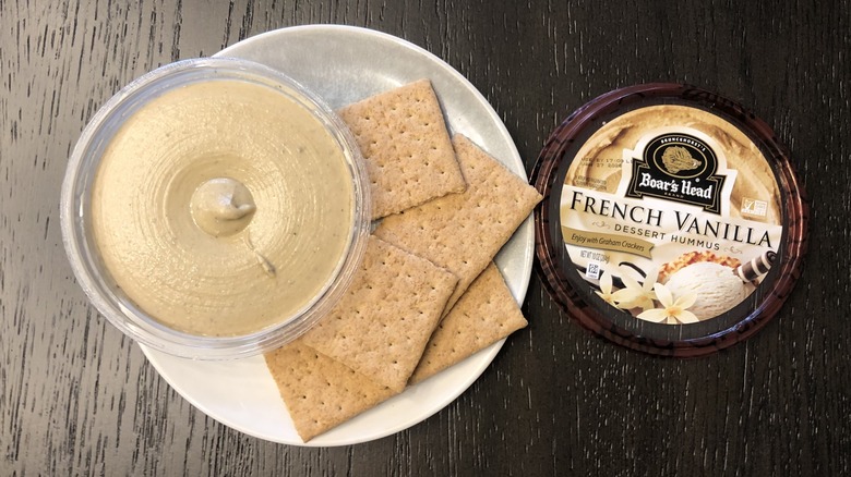 Boar's Head French vanilla dessert hummus on plate with graham crackers.