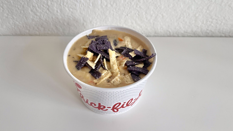 Chicken tortilla soup on a table