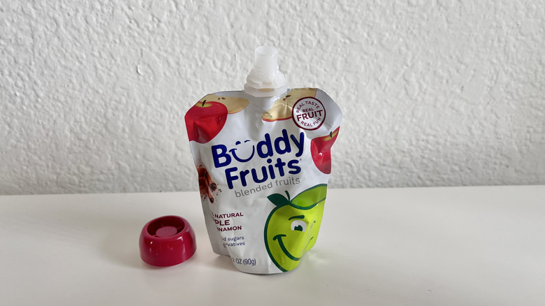 Buddy Fruits apple sauce pouch on a table