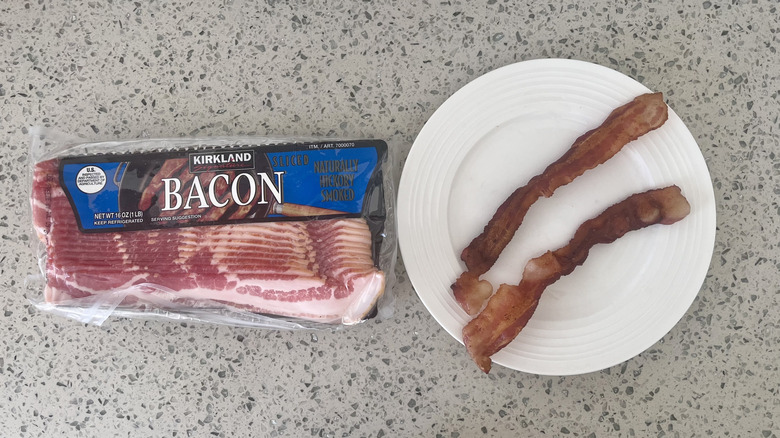 Sliced bacon from Kirkland slices on a plate