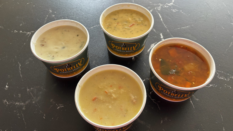 Potbelly soup containers on countertop