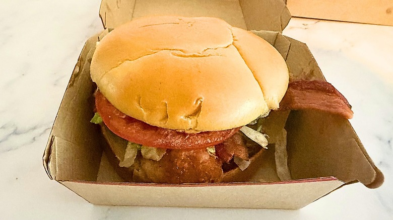 Wendy's Asiago Ranch Club Sandwich in box on marble surface