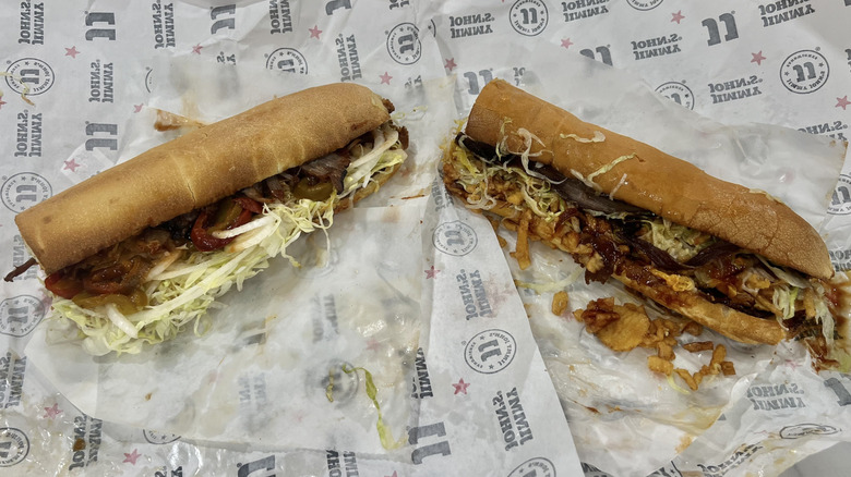 Jimmy John's two new brisket sandwiches on wrappers.