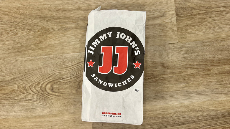 Jimmy John's sub sandwich to-go bag.
