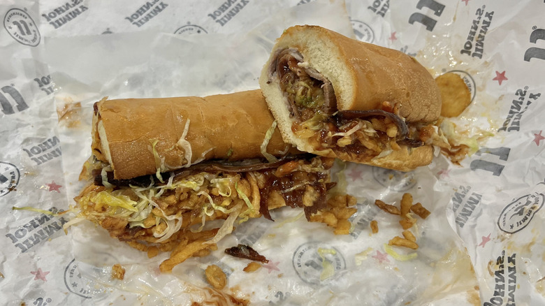Hickory Brown Sugar BBQ Brisket Sandwich cut in half.