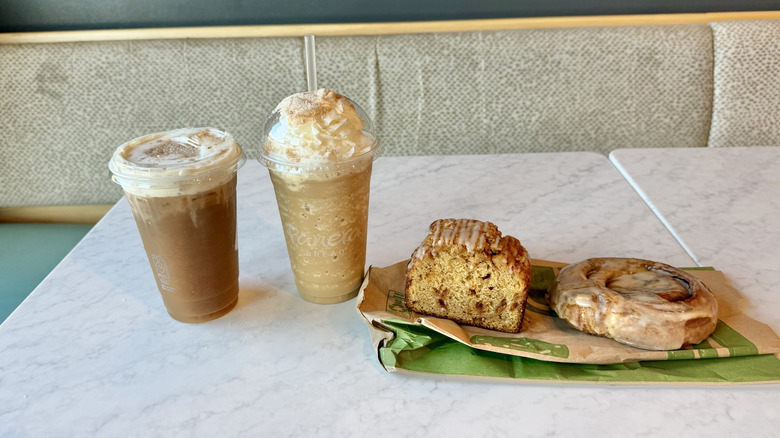Four new Panera fall pumpkin items on a table