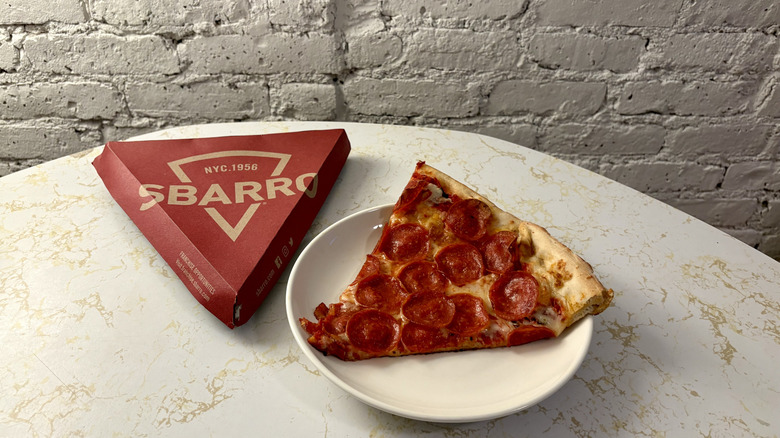 Sbarro box and slice of pepperoni