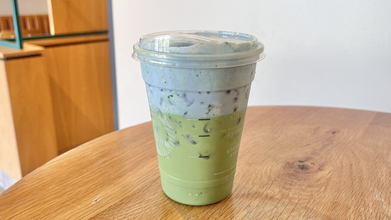 Iced Blue Coconut Matcha in a Starbucks café