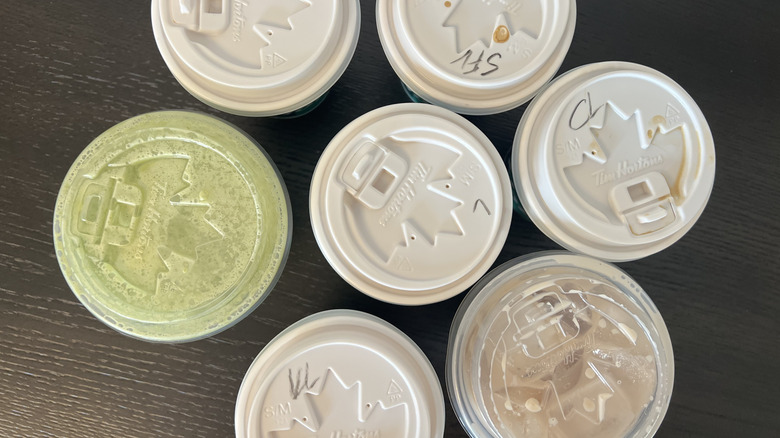 7 different Tim Hortons protein lattes from the top.