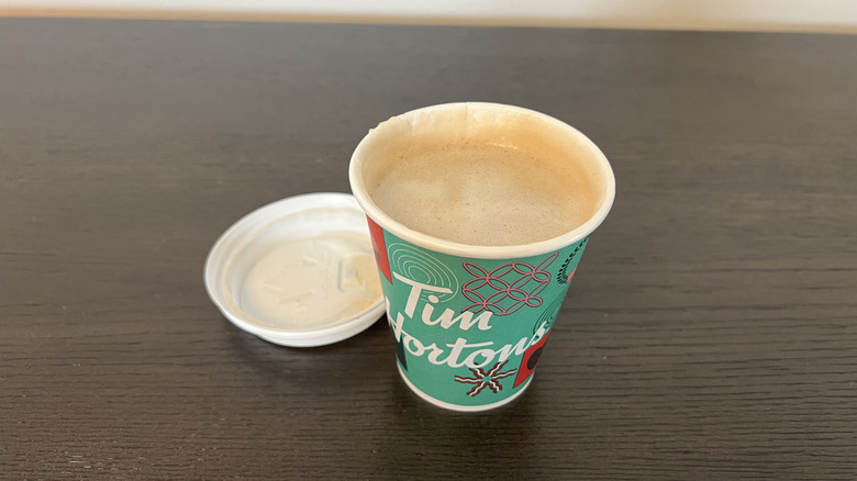 Tim Hortons mocha protein latte in a to-go cup.