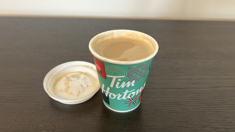 Tim Hortons sugar-free vanilla protein latte in a to-go cup.