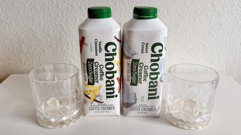 Two Chobani zero sugar flavors on a table