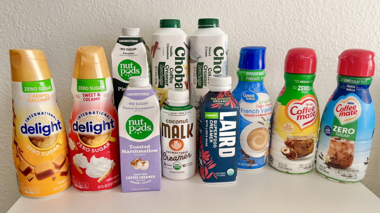 Various zero sugar coffee creamers on a table