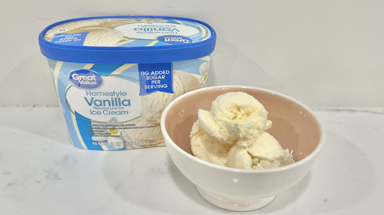 Great Value Zero Added Sugar Vanilla Ice Cream in a bowl.
