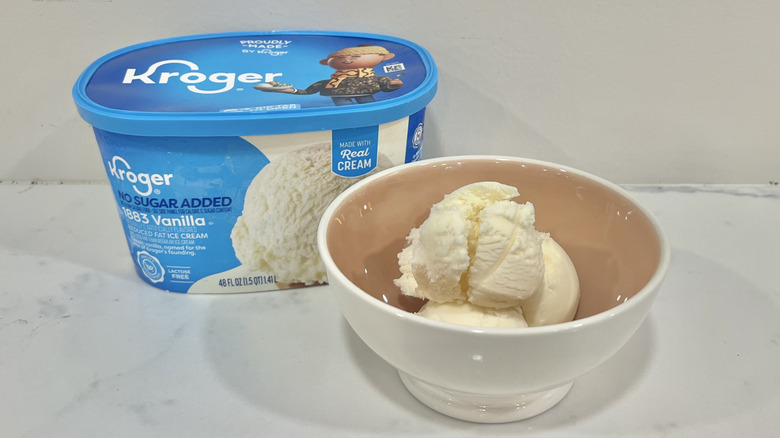 Kroger No Sugar Added 1883 Vanilla Ice Cream in a bowl.