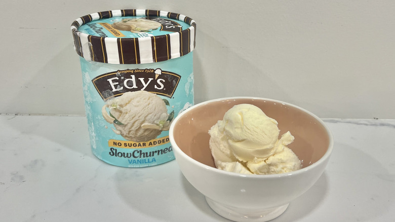 Edy's No Sugar Added Slow Churned Vanilla Ice Cream in a bowl.