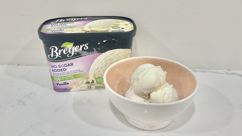 Breyers No Sugar Added Vanilla Ice Cream in a bowl.