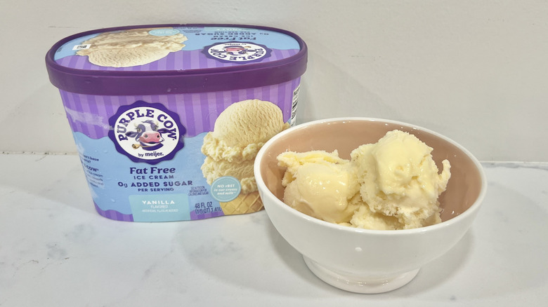 Purple Cow Zero Sugar Added Vanilla Ice Cream in a bowl.