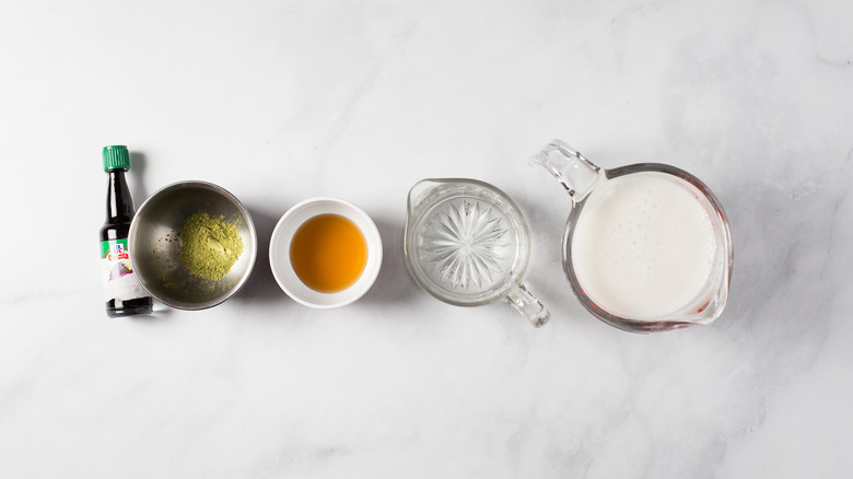 ube latte ingredients on table