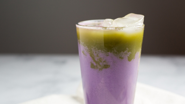 ube latte on gray background