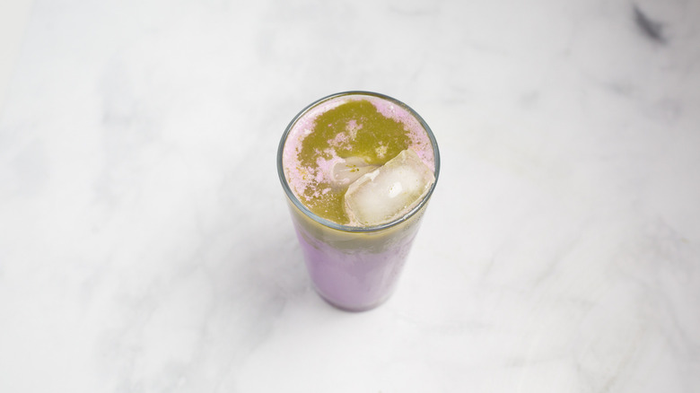 ube matcha tea in glass