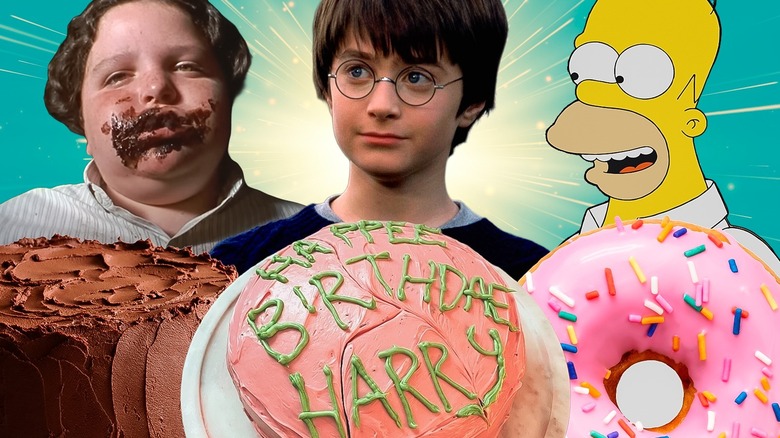 various tv and film characters with their iconic desserts