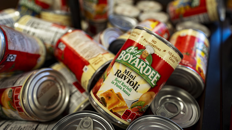 A pile of Chef Boyardee canned pastas