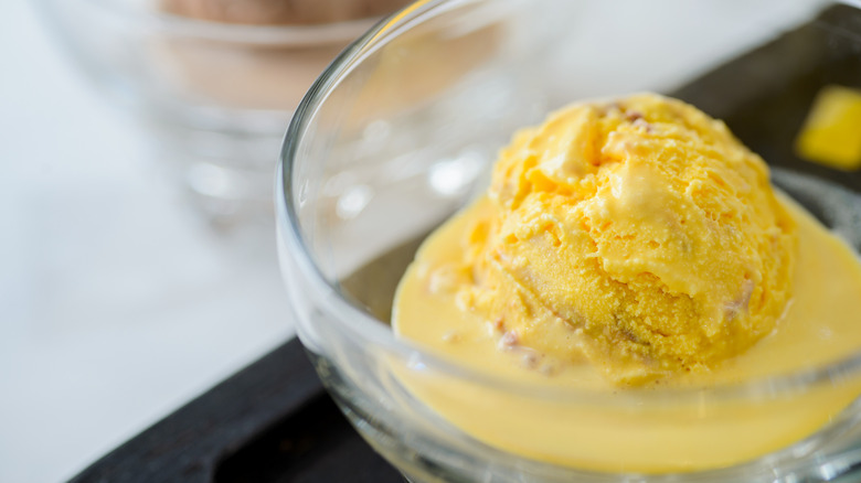 A scoop of frozen custard melting in a glass bowl
