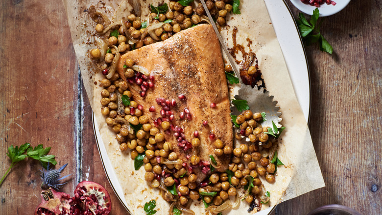 Roasted salmon with chickpeas and pomegranate arils