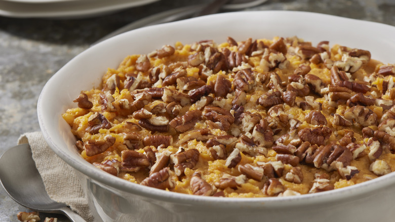 Sweet potato casserole with candied pecans