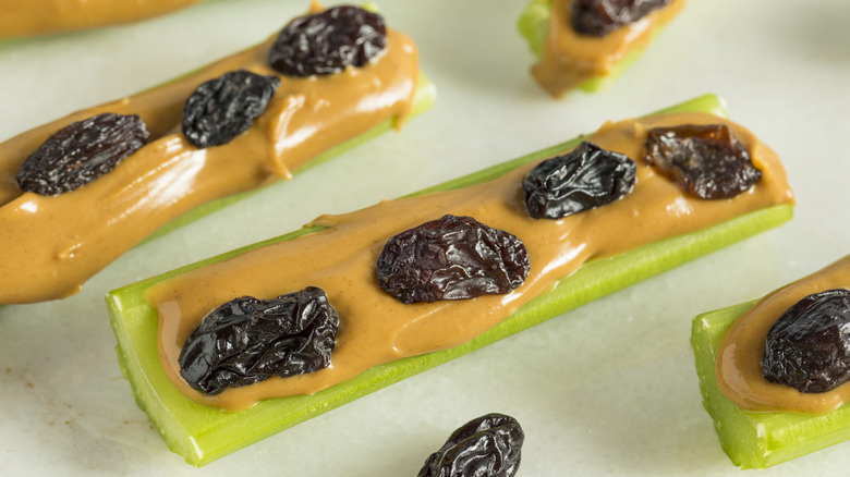 A closeup of ants on a log: celery sticks with peanut butter and raisins