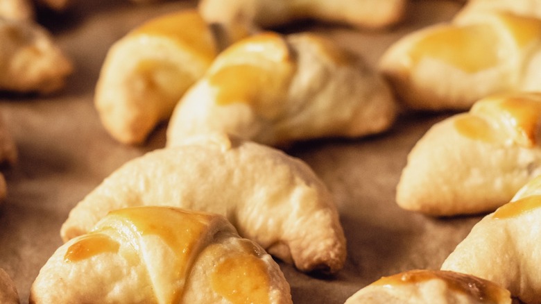 Tray of fresh baked crescent rolls.
