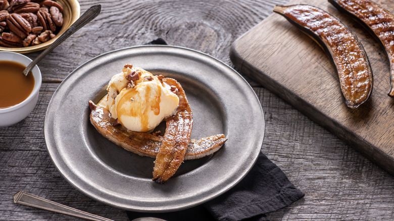 Decadent grilled banana served with icecream