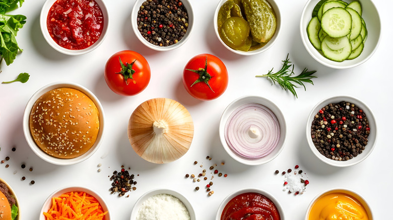Bowls filled with sauces, spices, and toppings