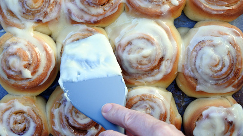 Close-up of glazed cinnamon rolls