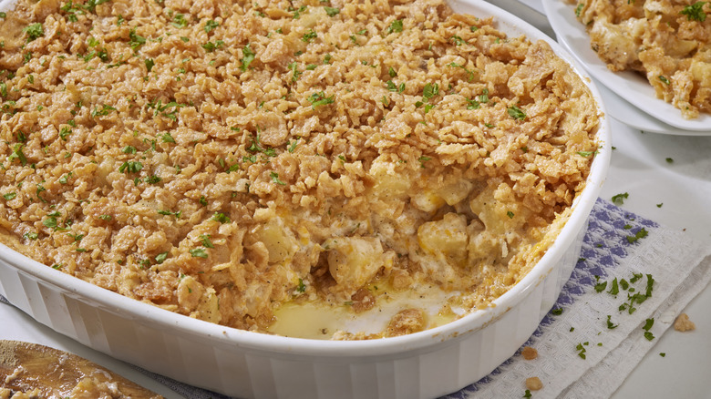 A pan of funeral potatoes