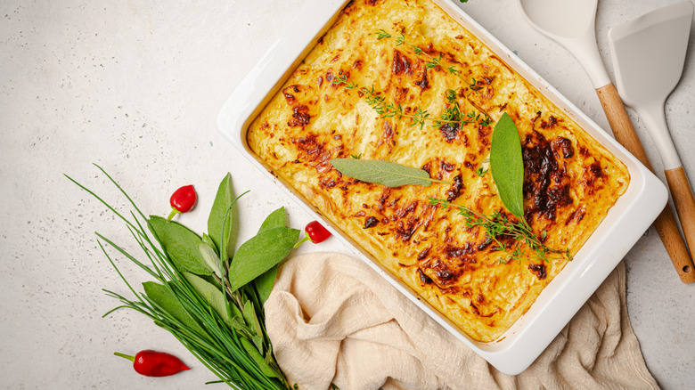 Top view of Greek casserole with ground beef and potatoes