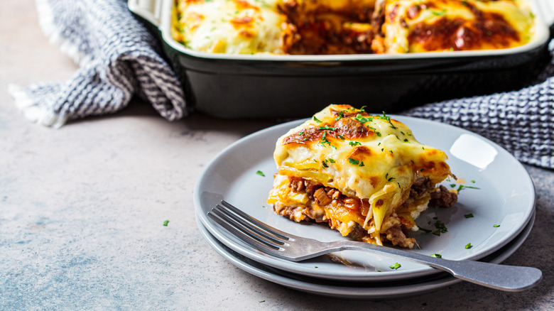 Traditional Greek moussaka slice on a plate