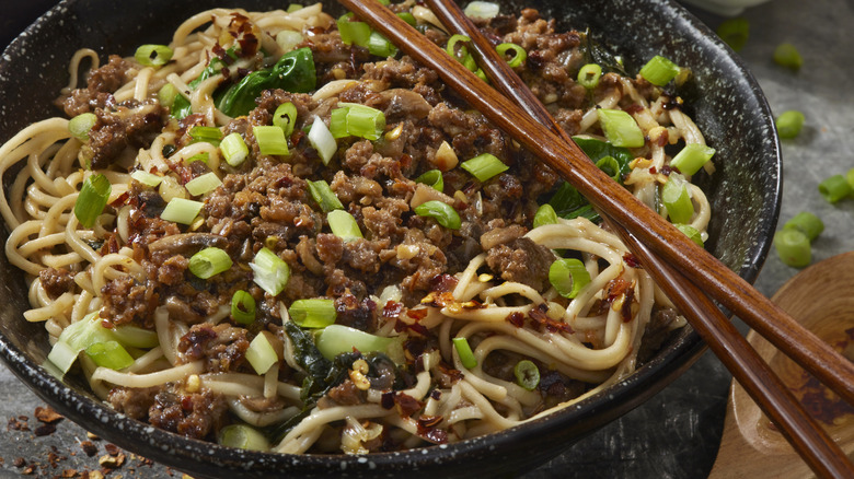 elevated ground pork ramen stir-fry Dan Dan noodle dish
