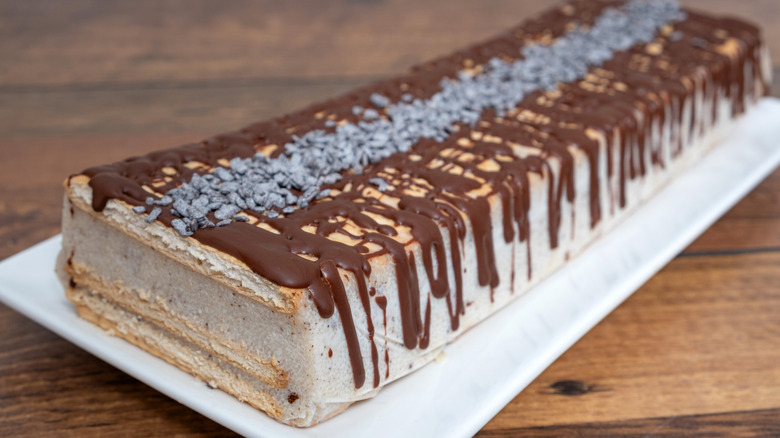 An ice cream cake loaf topped with chocolate shell topping drizzle