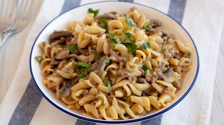 A plate of ground beef stroganoff
