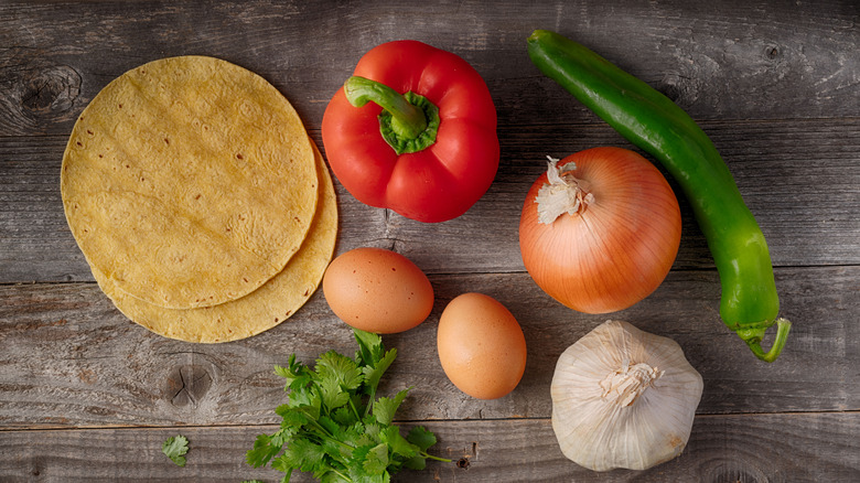 Tortillas, eggs, and a few vegetables